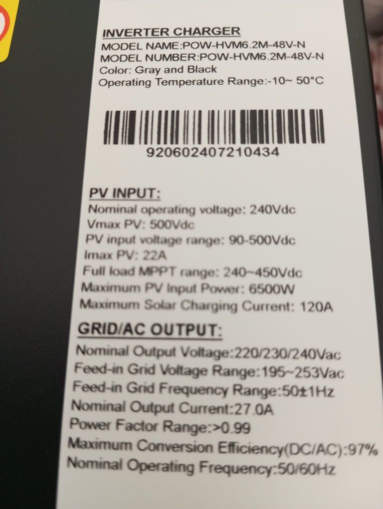 Гибридный инвертор PowMr POW-HVM6.2M-48V-N, 48 В, 6200 Вт