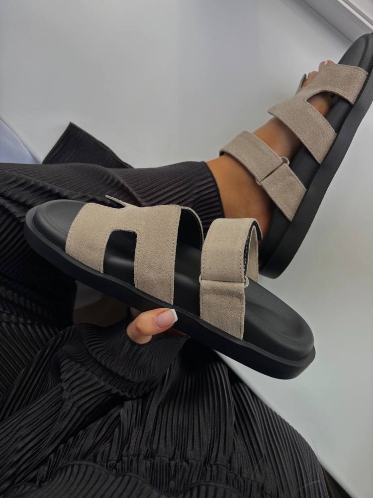 Жіночі шльопанці Hermes Grey 36-41 натуральна замша тапки