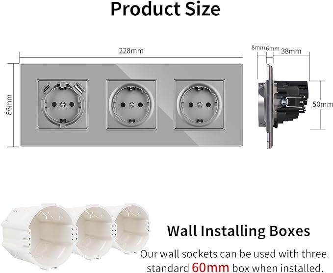 jimeida 3 gniazda wtykowe szare 2 zwykłe 1 usb