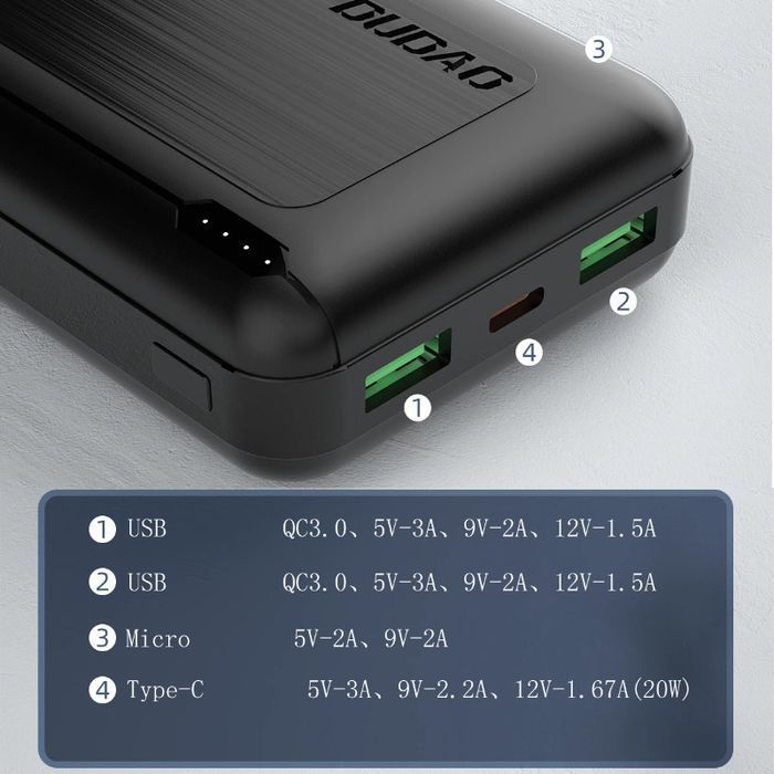 Dudao powerbank 20000 mAh PD 20W QC 3.0 2x USB / USB Typ C czarny