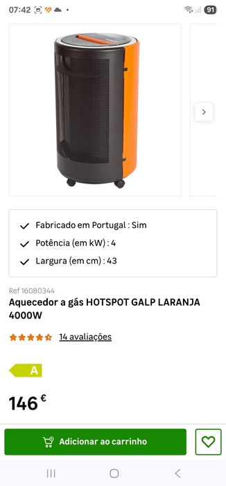Oportunidade! Aquecedor a Gas Galp Hotspot