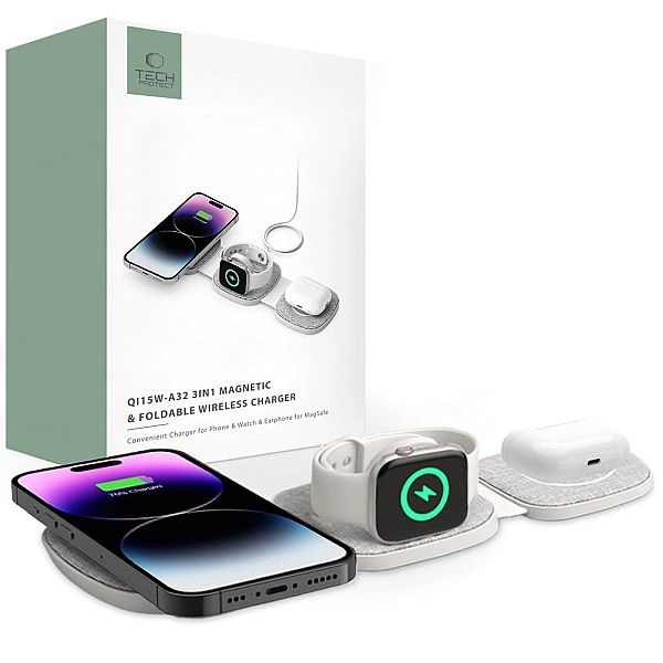 Tech-Protect Qi15W-A32/3In1 Magnetic Magsafe Wireless Charger Grey