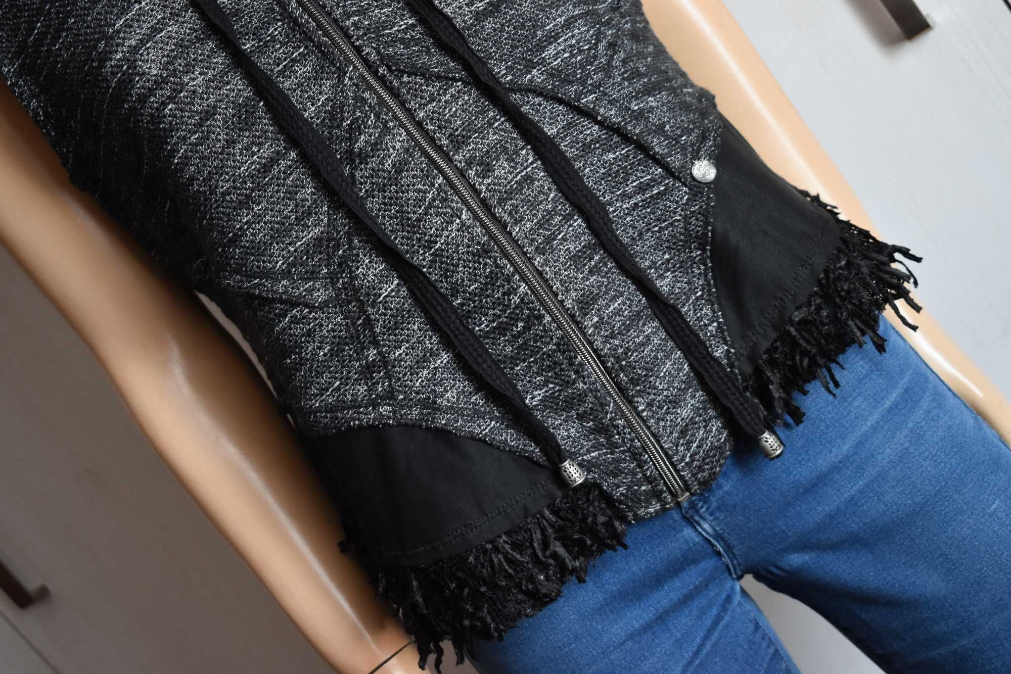 Bezrękawnik kamizelka 40 L narzutka z frędzlami dzianinowa blazer