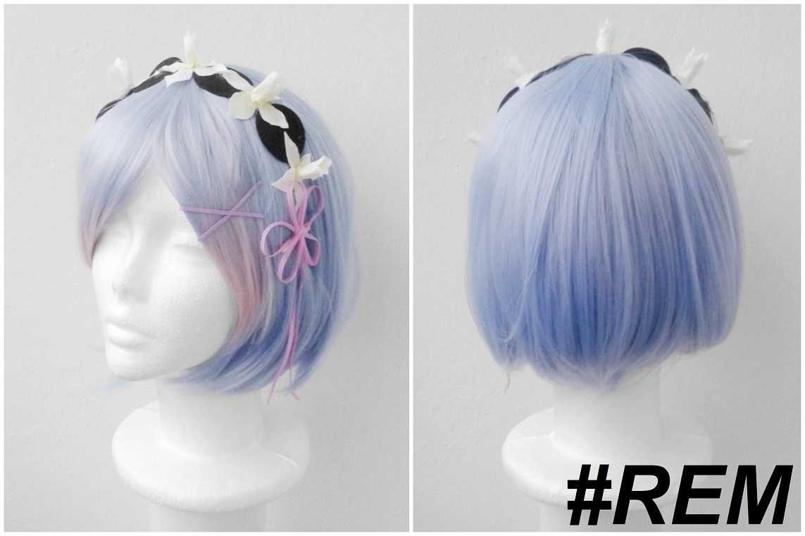 Rem Re Zero cosplay wig błękitna krótka peruka bob z grzywką + dodatki