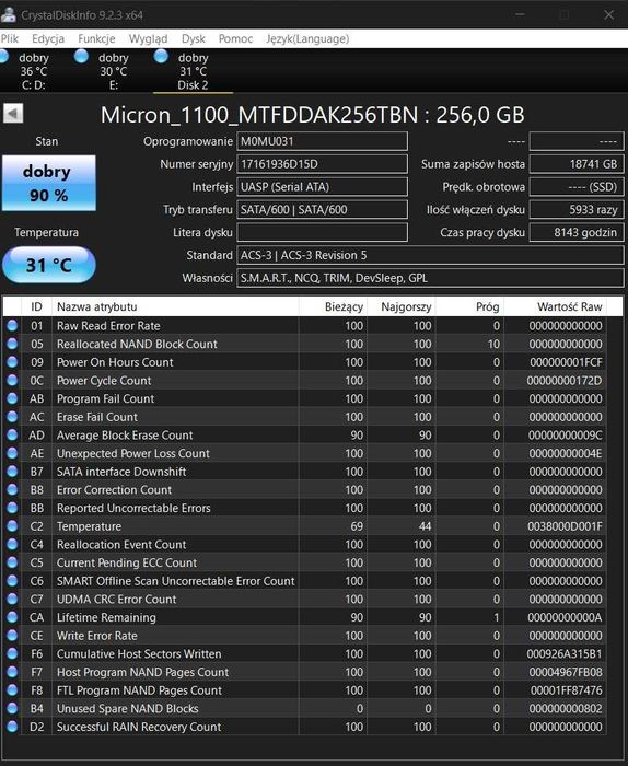 Micron 256GB 2,5" SSD M1100 3D NAND USB 3.0 - używany