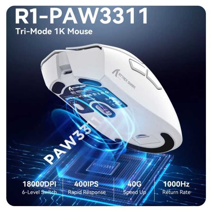Игровая мышь Attack Shark R1 PAW3311 PixArt 18000DPI BT5.2 White