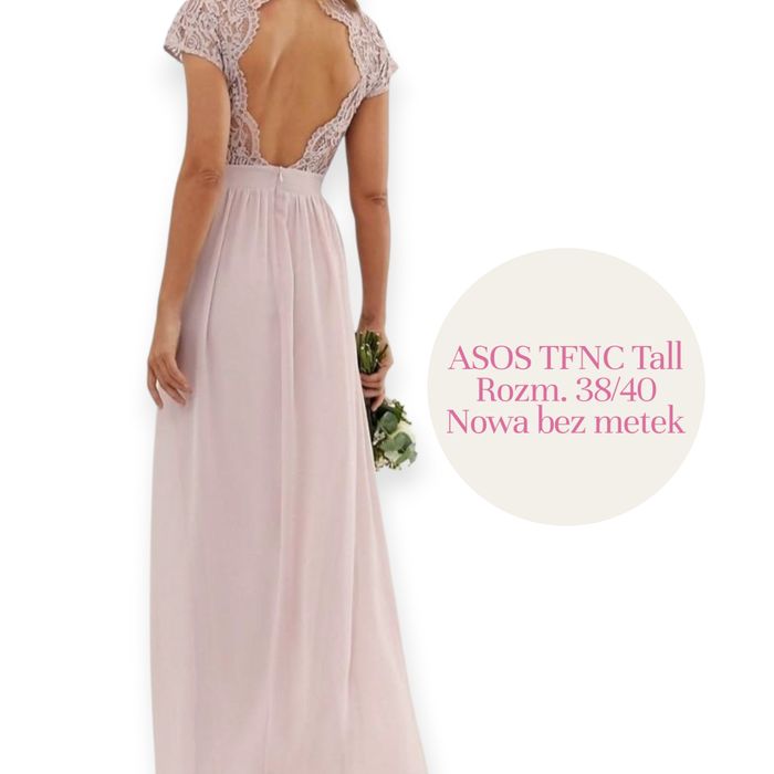 NOWA ASOS TFNC Tall Pudrowa Sukienka Maxi Koronkowa z Odsłoniętymi Ple
