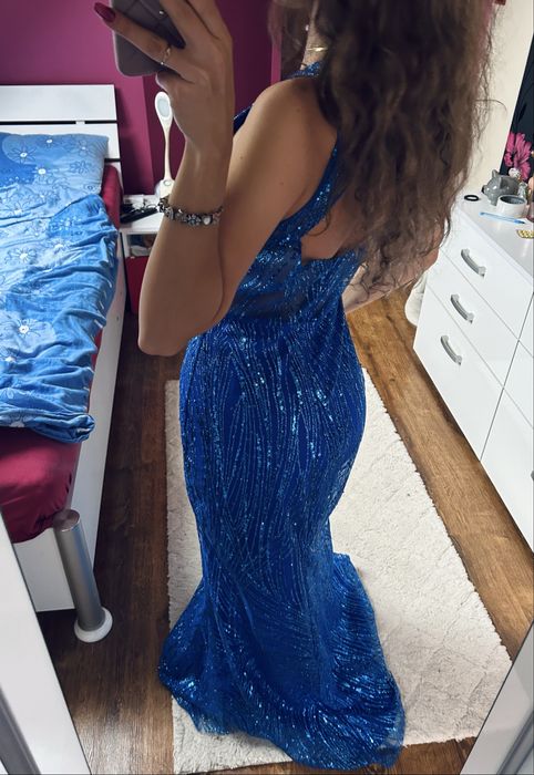 Sukienka maxi długa zdobiona niebieska cekiny brokat s m syrenka butik