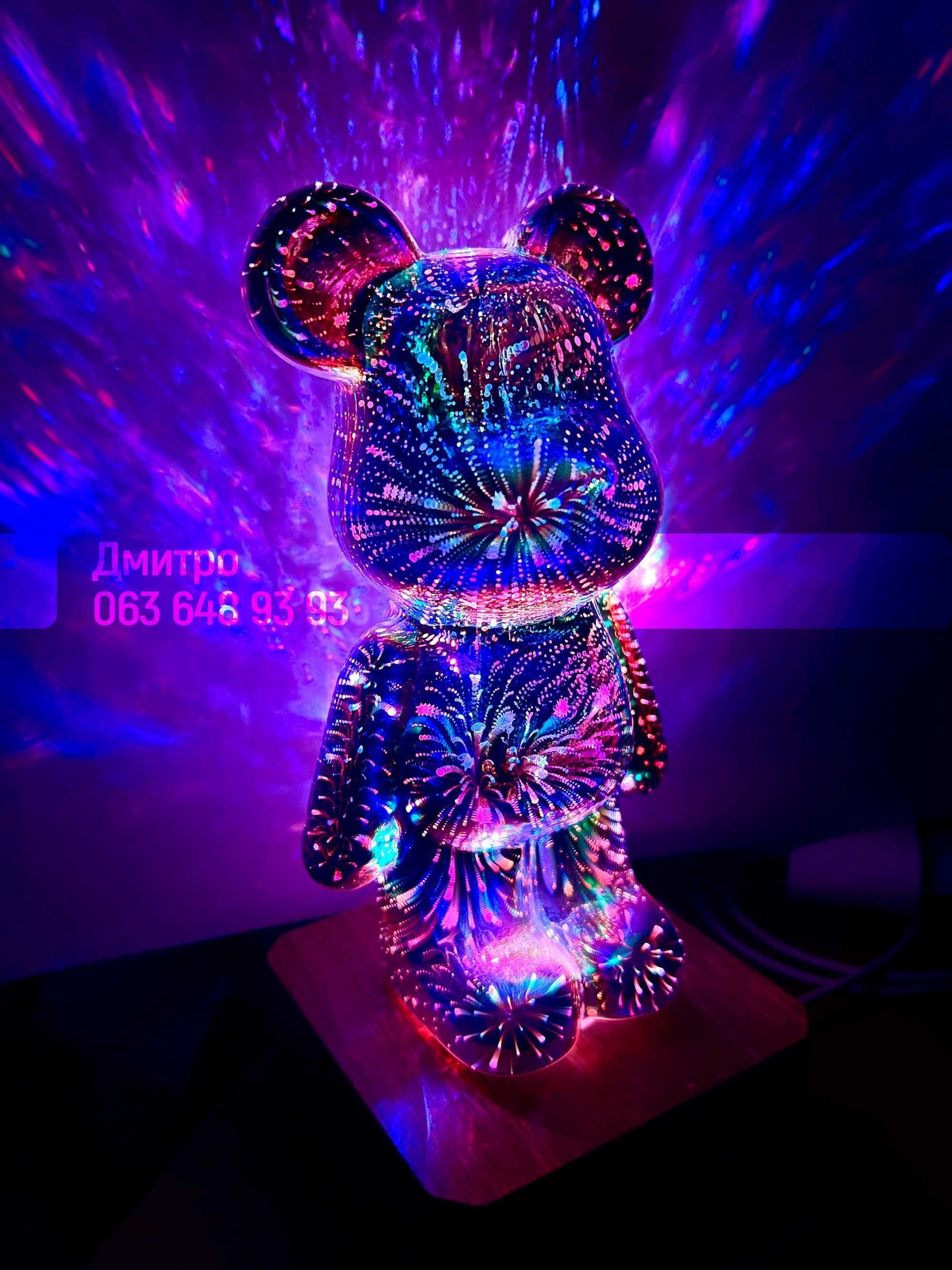 Мишка 7 led цветов ночник Фейерверк, 3D 3Д  Bearbrick Ведмідь Медведь