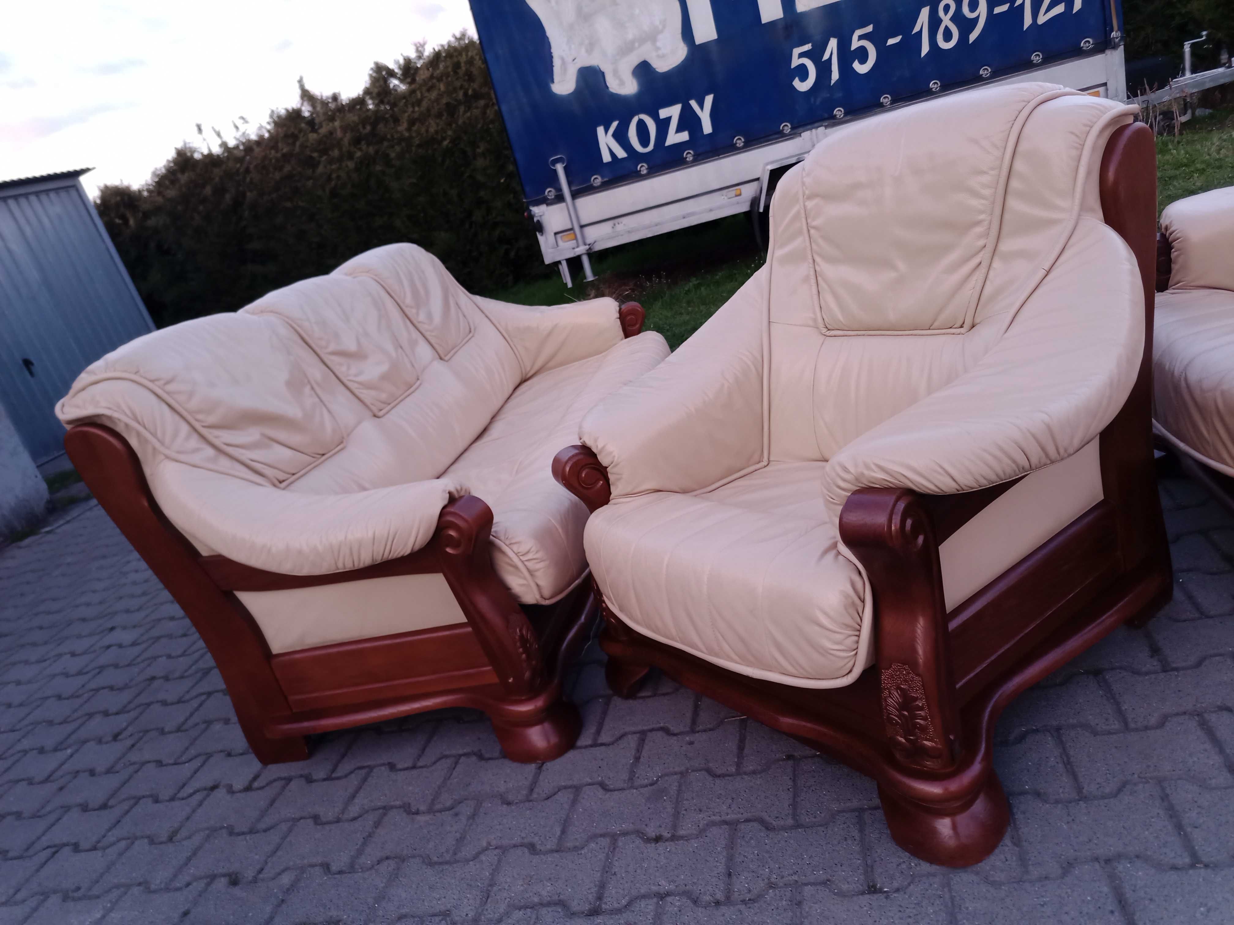 Komplet KLER , Rozkładany 3+1+1 i Ława , dąb - Skóra Krem