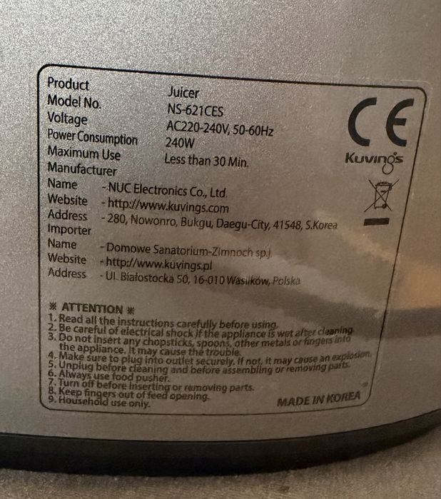 Wyciskarka wolnobrotowa Kuvings NS-621CES