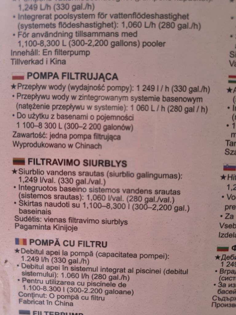 Pompa filtrująca 1249 l/h nowa w pudełku