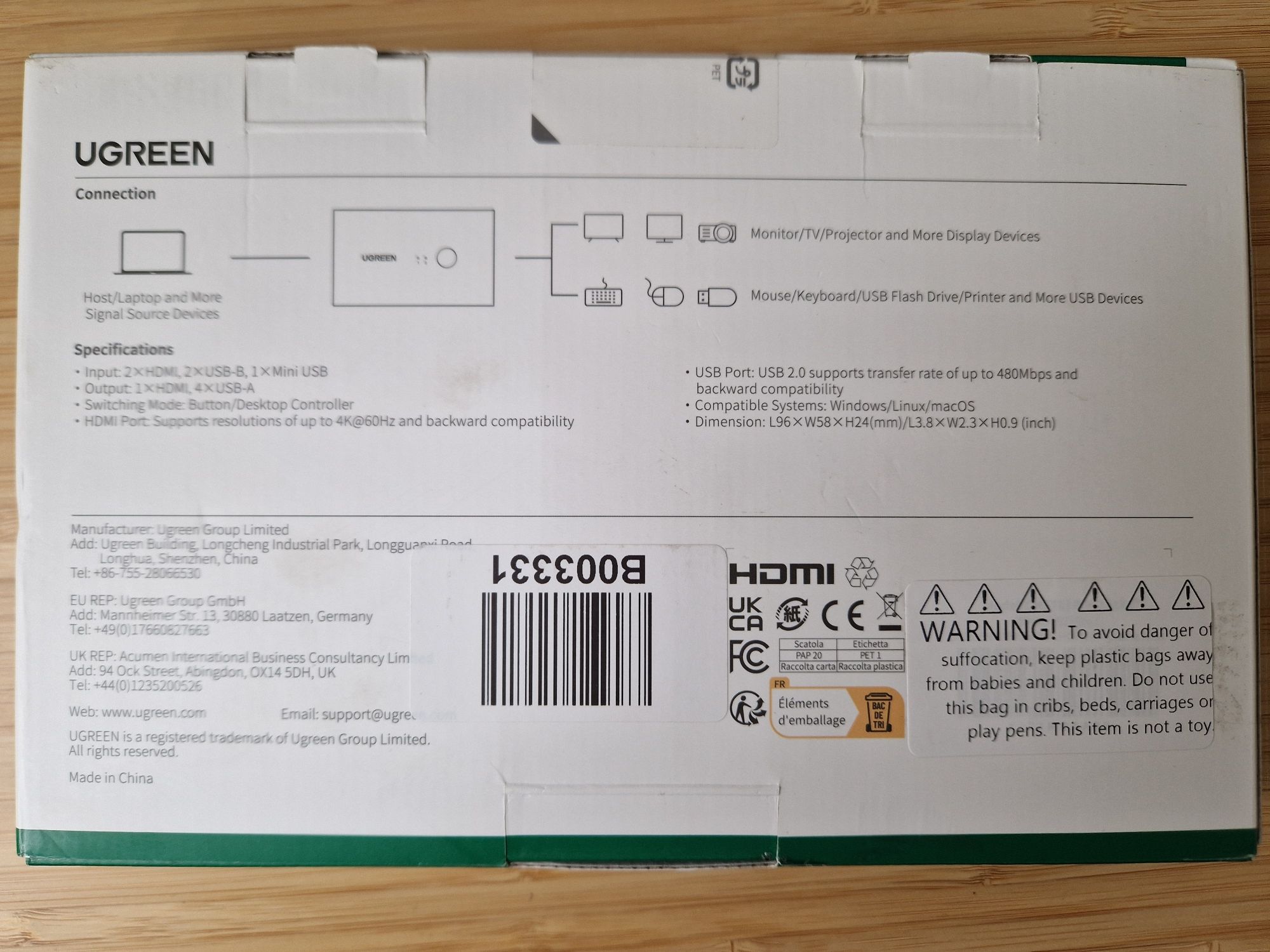 UGREEN kvm przełącznik na dwa komputery, 2 x USB/HDMI model CM571