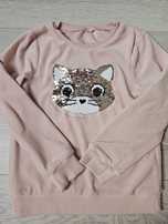 Bluza welurowa 128-134 z kotkiem i cekinami