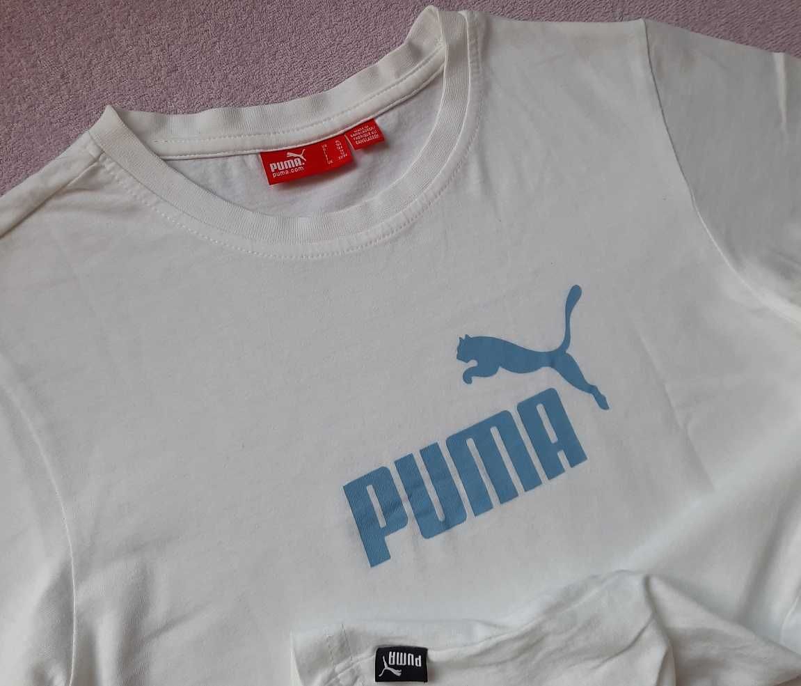 Puma Oryg. Bawełna biała koszulka niebieskie logo t-shirt bluzka XS S