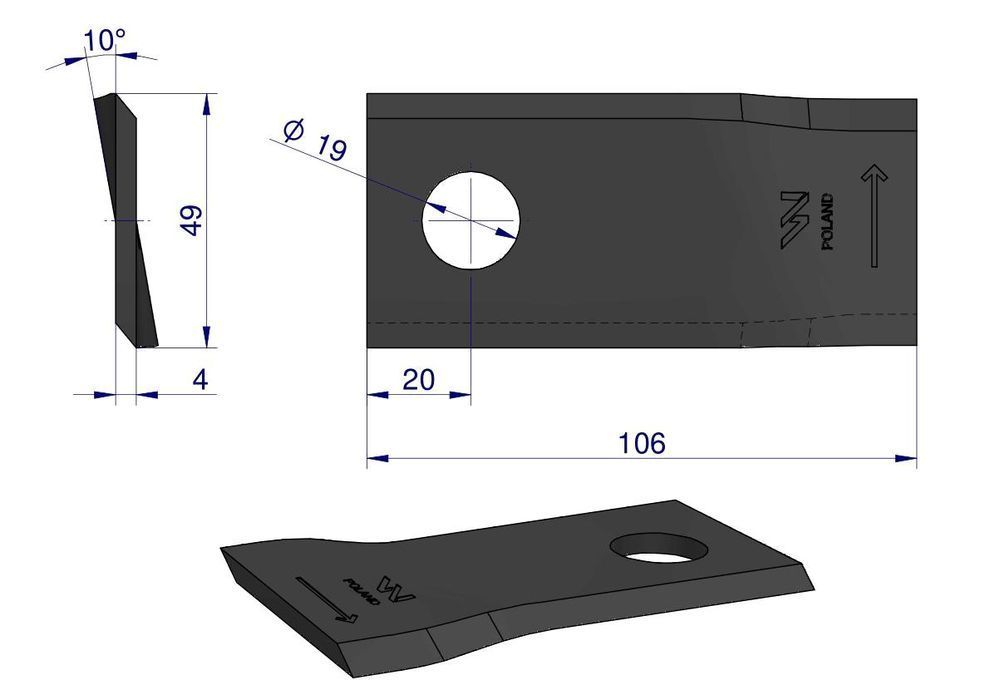 Nóż. nożyk kosiarka lewy 106x48x4mm otwór 19 Niemeyer WARYŃSKIo 25szt