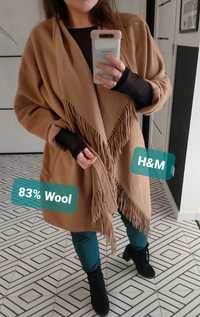 Wiosenny damski plaszcz H&M trencz 83% Wool  beżowy z fredzlami