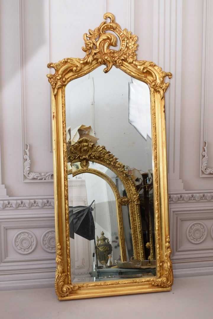 Pałacowe Drewniane Złote Smukłe Lustro z Francji - Piękna Rama - 110