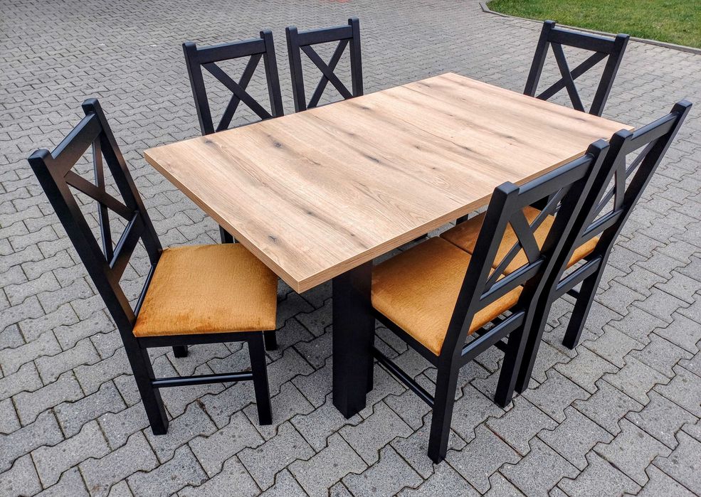 Stol 185/244x95 x76 i 8 krzesel czarny mat blat dab craft złoty lofl