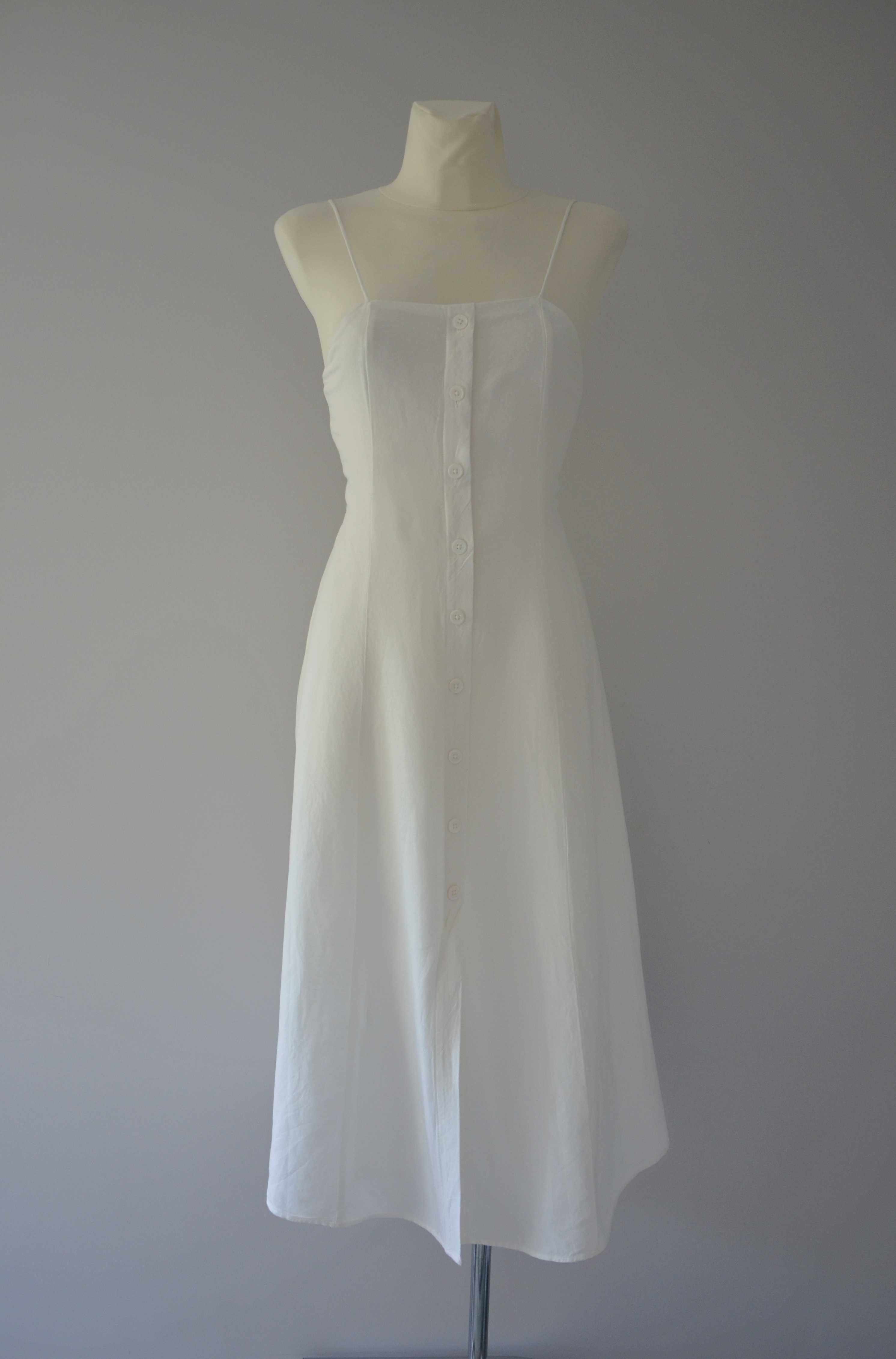 Oysho długa biała lniana sukienka len linen old money style 36 S