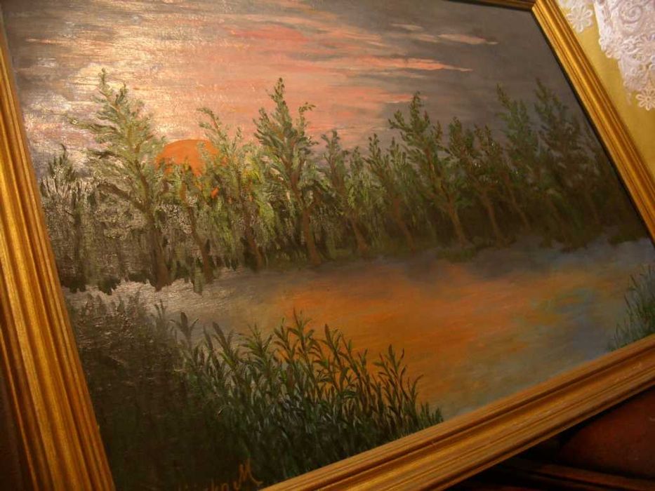 Obraz ręcznie malowany -torfowisko las drzewa staw bagno zachód słońca