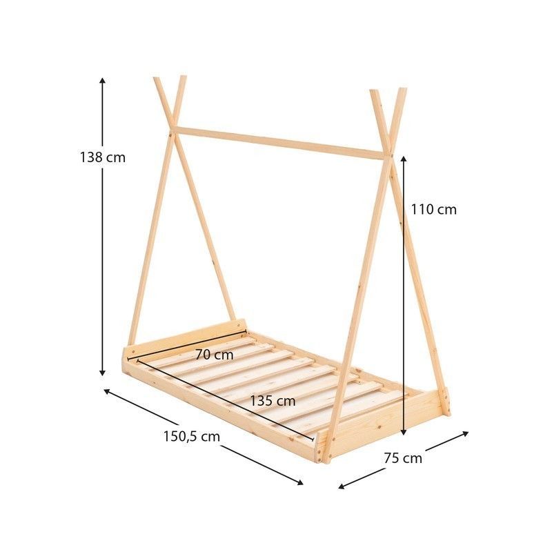 Cama cabaña, 75 x 150,5 x 138 cm, de madera de pino en natural