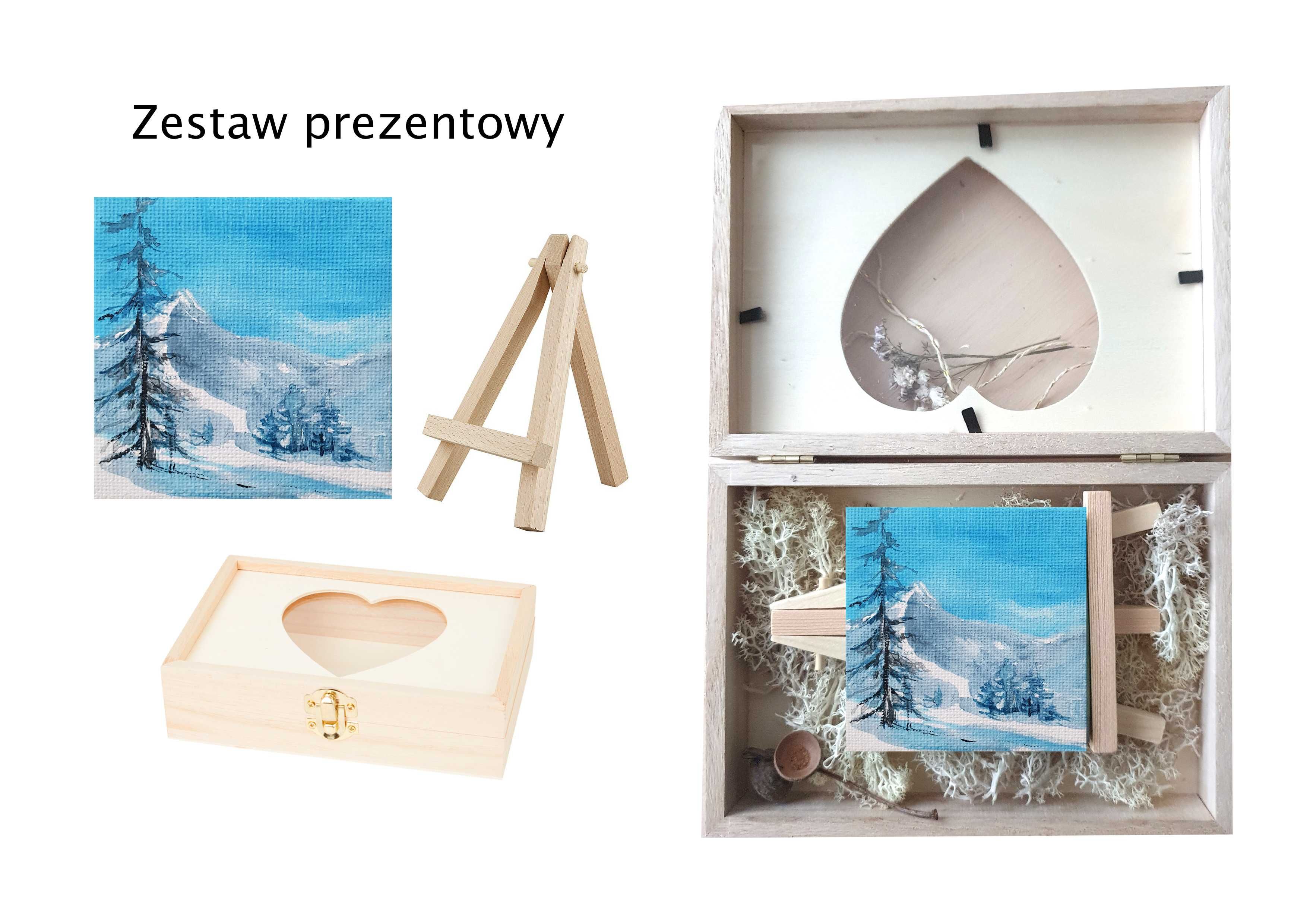 obraz ręcznie malowany góry zima + Pudełko drewniane