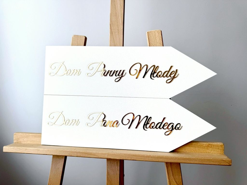 Drogowskazy ślubne Dom Panny Młodej Dom Pana Młodego lustrzany złoty