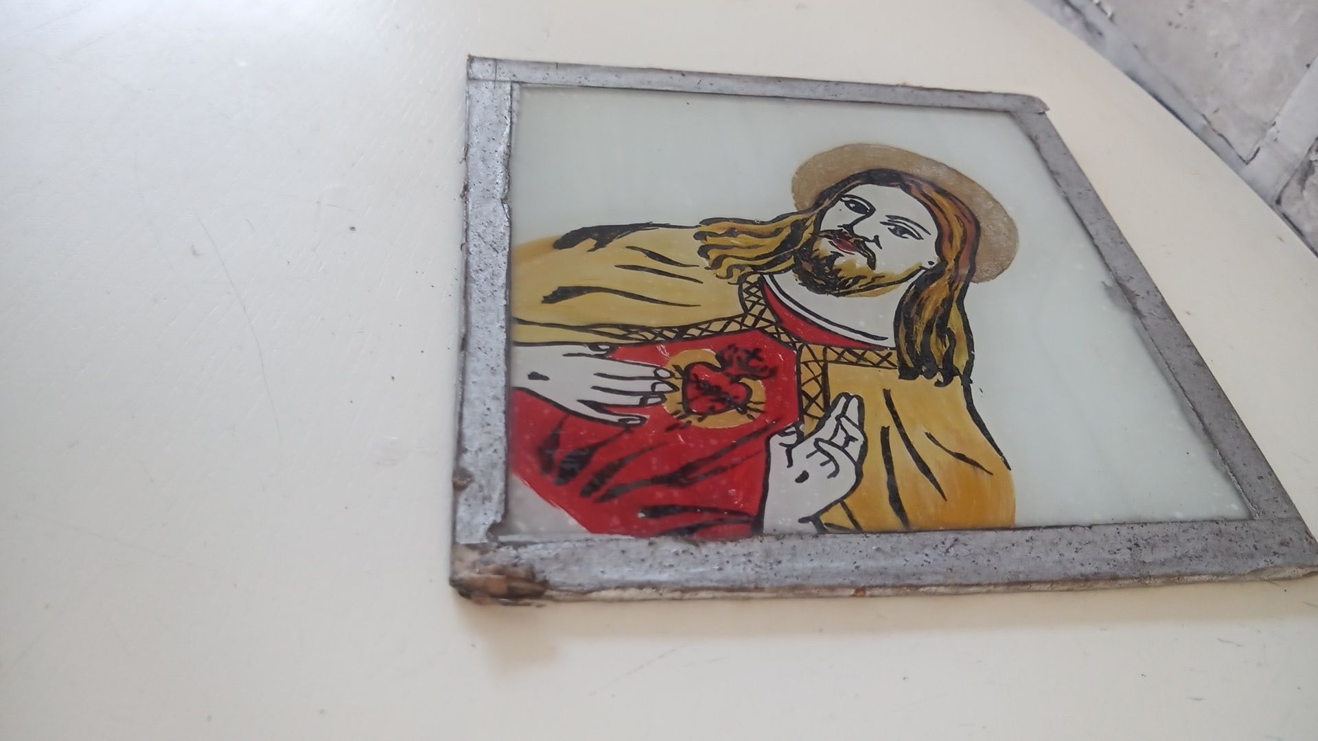 Szklany zabytkowy obrazek Jezus