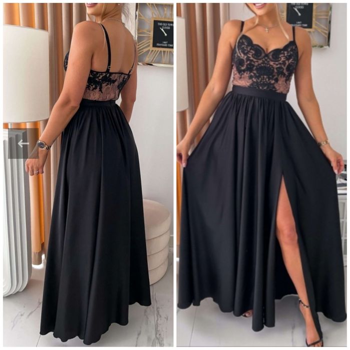 Nowa długa sukienka EMO czarna beżowa koronka sukienka maxi studniówka