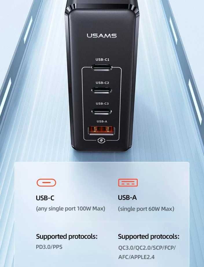 ⇒ Зарядное устройство USAMS GaN 100W  (4 USB) + Кабель Type-C 100W PD