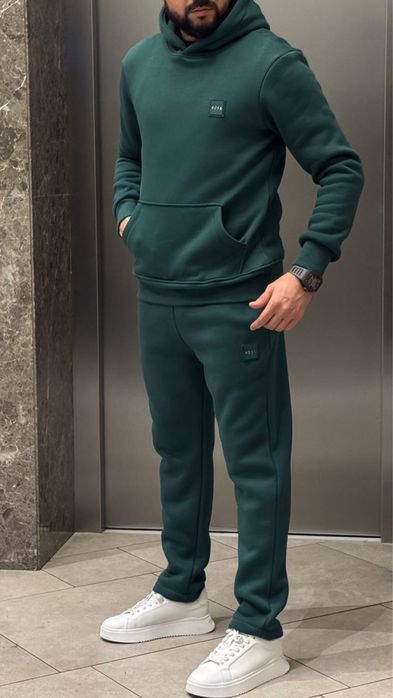 ЗИМНИЙ НА ФЛИСЕ спортивный мужской костюм зеленый черный Hugo Boss