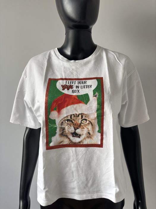 biały tshirt biała bluzka z krótkim rękawem Cropp S kot koty święta