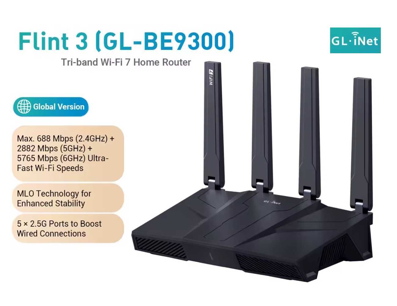 Роутер GL.iNet Flint 3 GL-BE9300 Tri-band Wi-Fi 7 Home Router