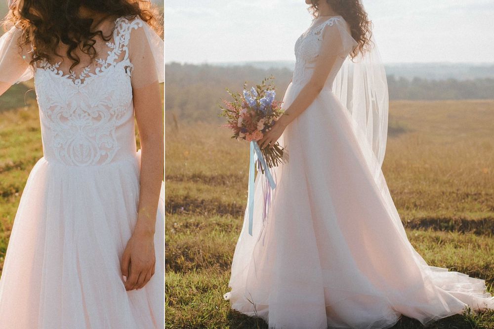 Ніжна і романтична весільна сукня зі шлейфом.