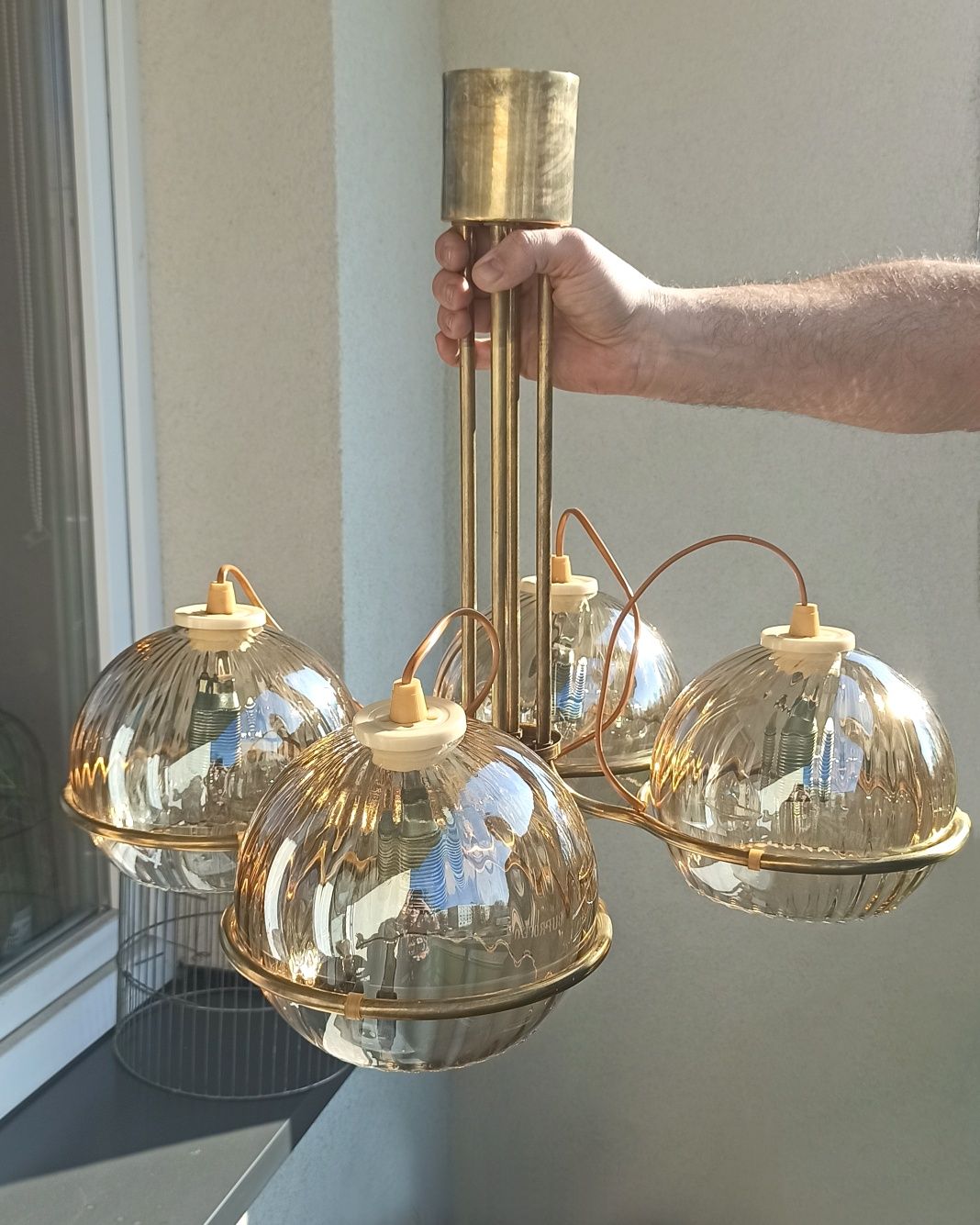 Żyrandol PRL lampa PRL ESI Nowa Huta mosiądz szkło lata 70 retro vinta
