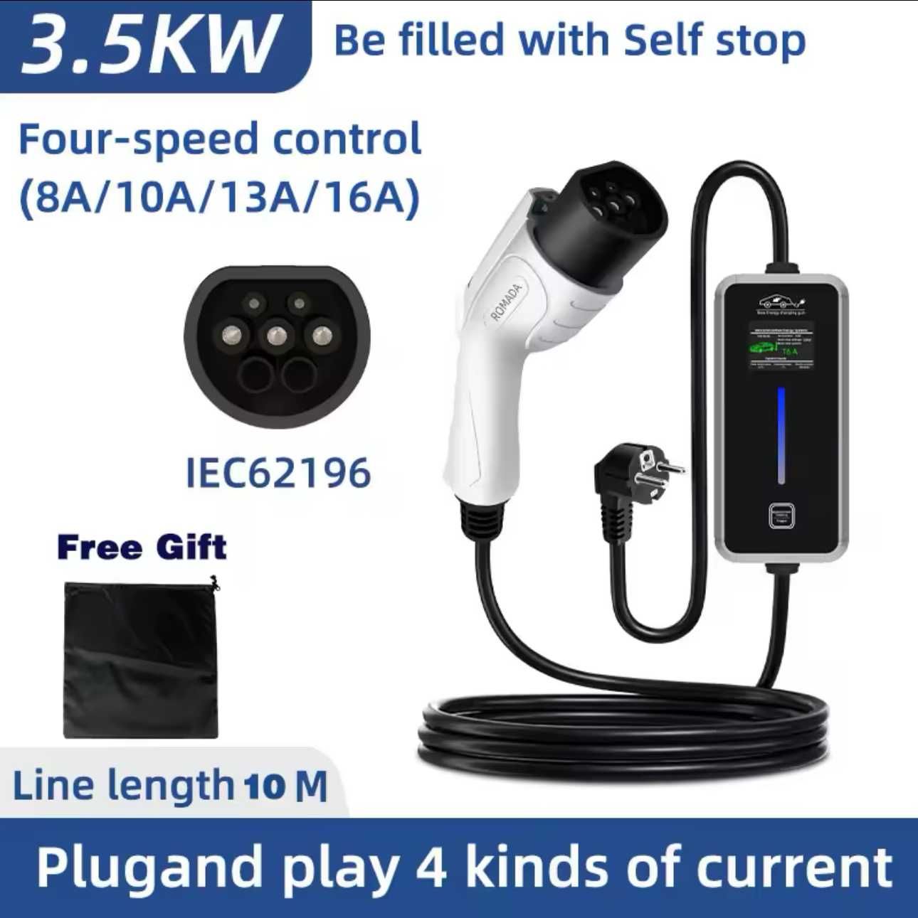 Carregador Portátil 3.5 kw -16A c/10 METROS CABO - Eletricos/ Hibrido