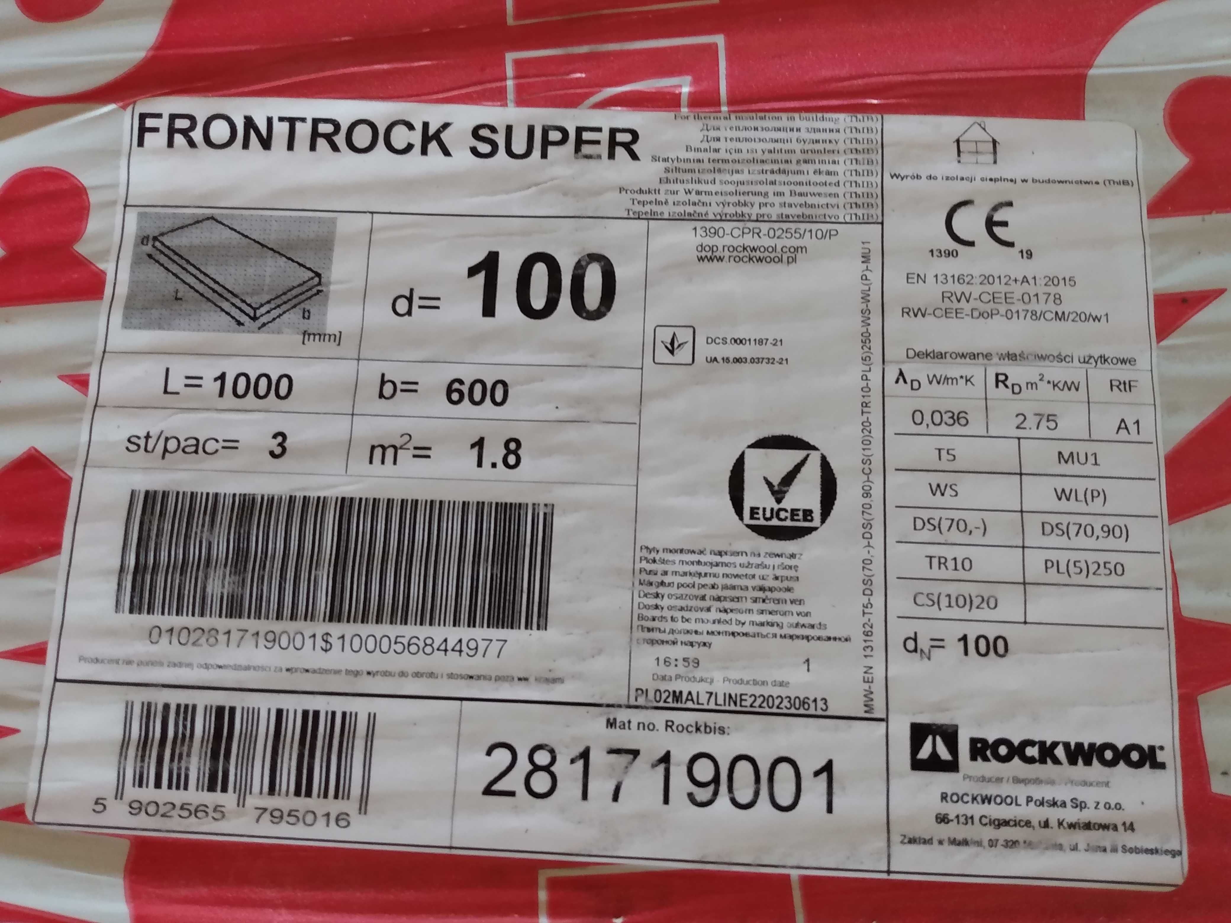 Wełna mineralna Rockwool Frontrock Super lambda=0,036, 100/600/1000 mm