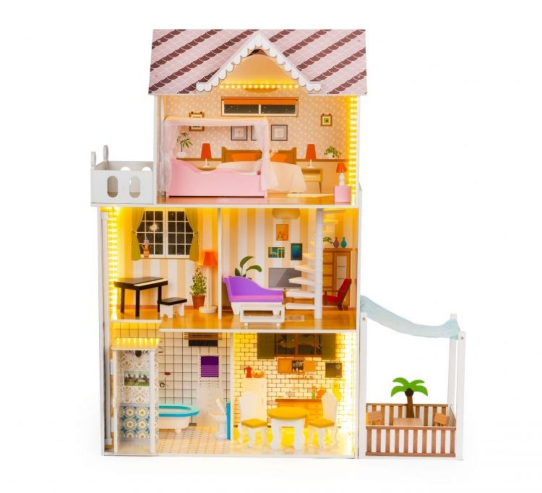 Domek drewniany dla lalek dom zabawkowy drewniany LED - ECOTOYS