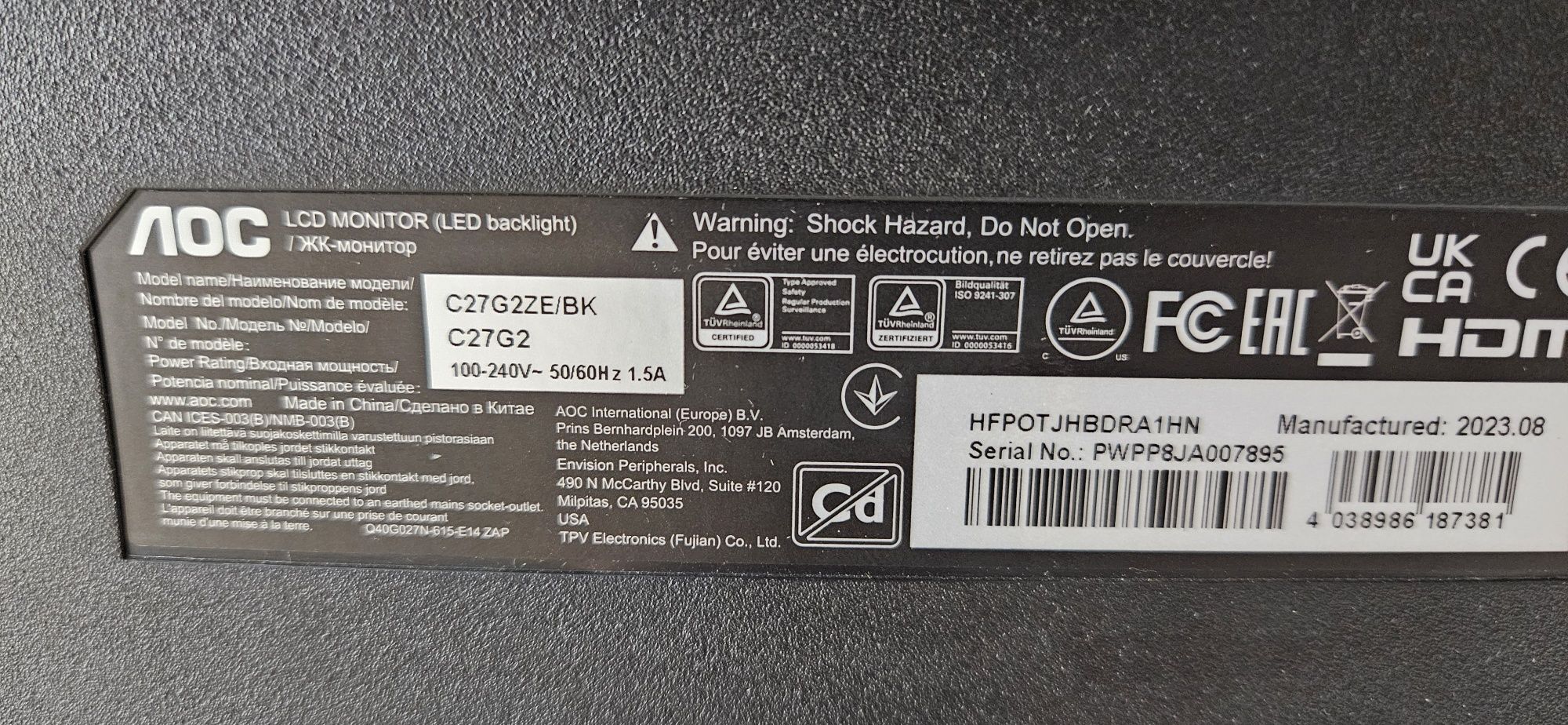 352/25 Monitor AOC G2 C27G2ZE