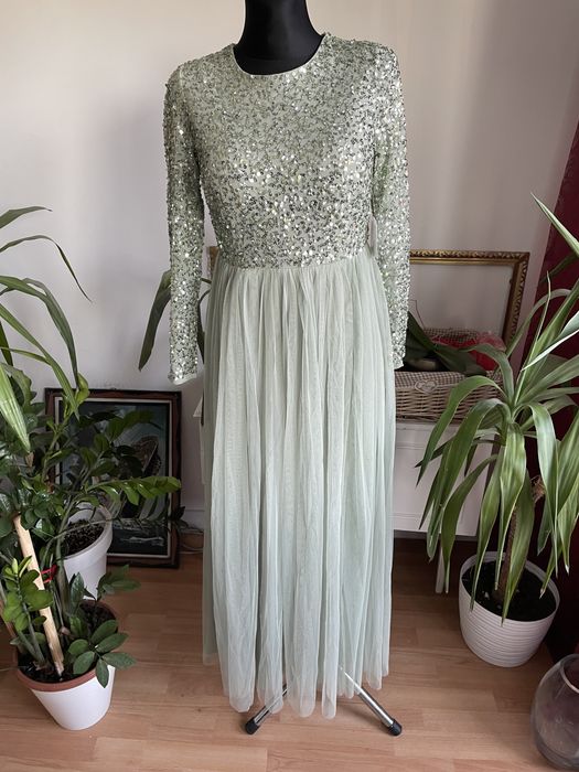 Maya deluxe cekinowa sukienka maxi tiulowa m 38 petite szałwiowa