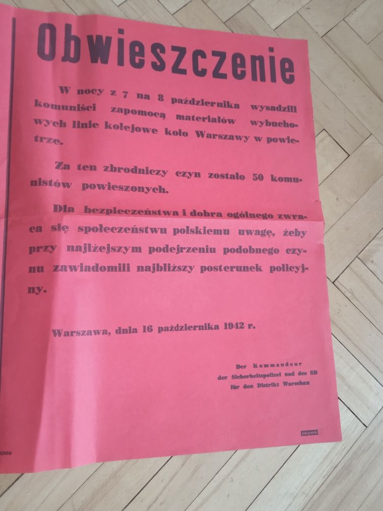 Faksymile obwieszczenia z 1942 roku