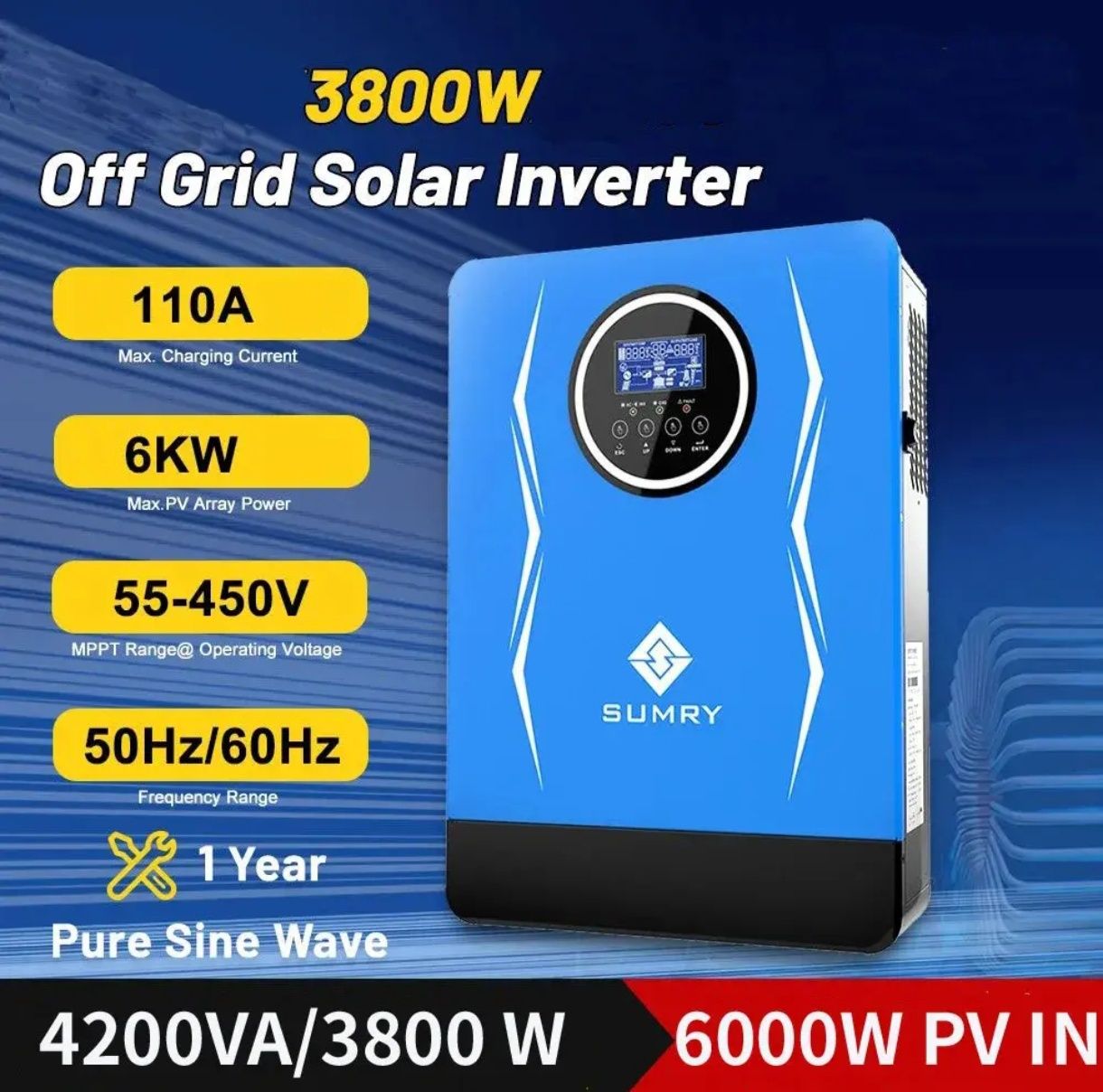 4200VA 3800w Гібридний сонячний інвертор Samry 24V 220VAC, чиста синус