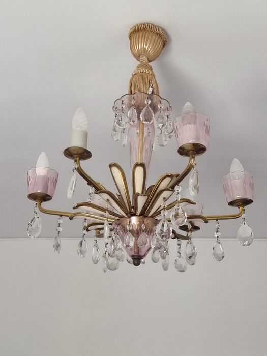 Candeeiro de teto vintage em cristal e latão – 6 braços