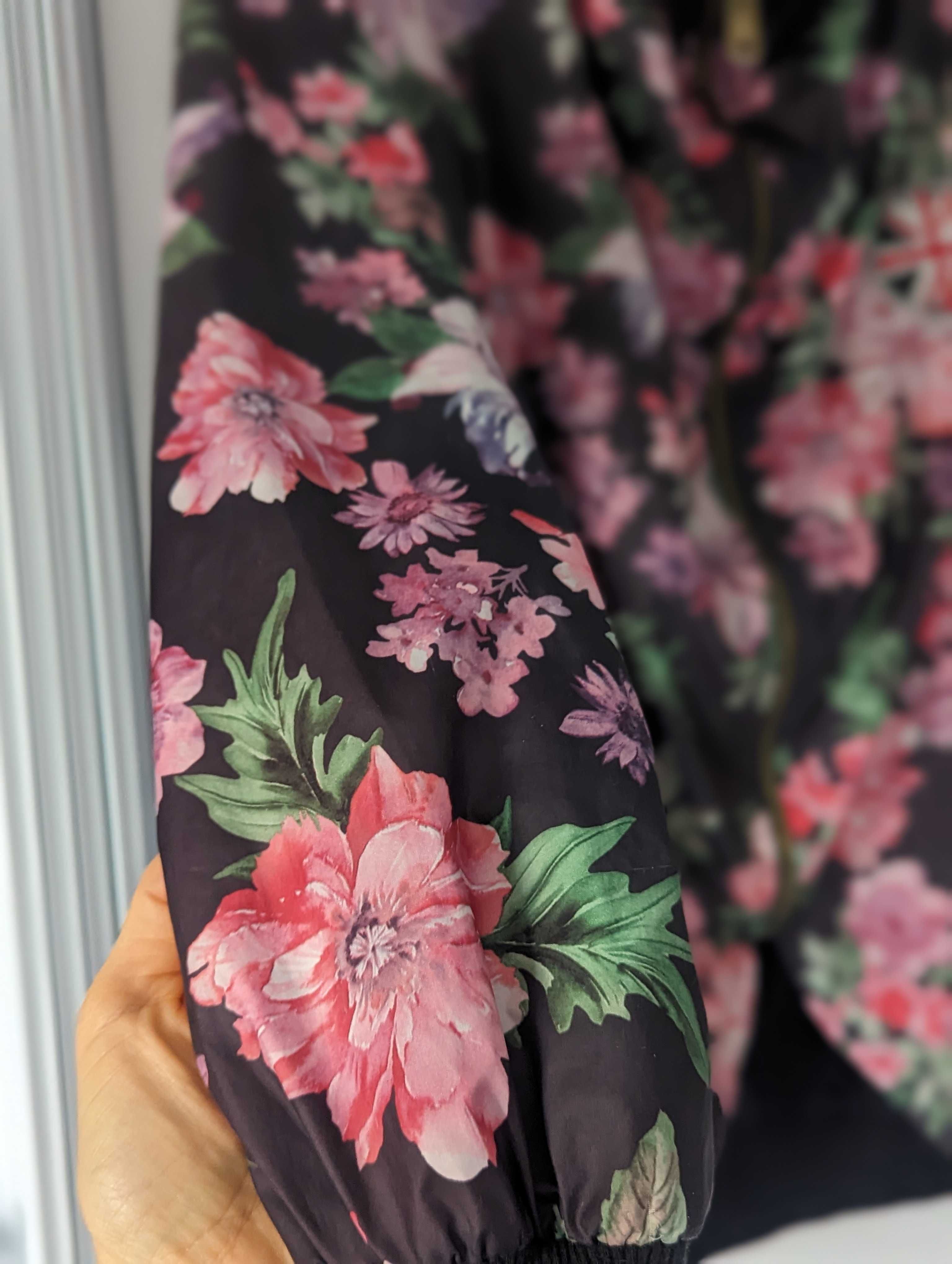 Kurtka wiosenna 36 S kwiaty flowers asymetryczna kolorowa z kapturem