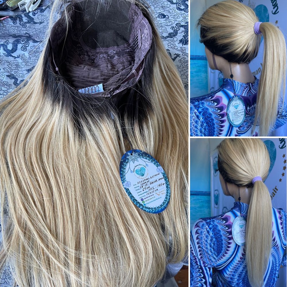 Натуральный парик славянский волос кожа блонд омбре корни 65см
