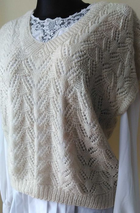 ręcznie robiona 36/38 kamizelka kremowa biel vintage wełna ażur