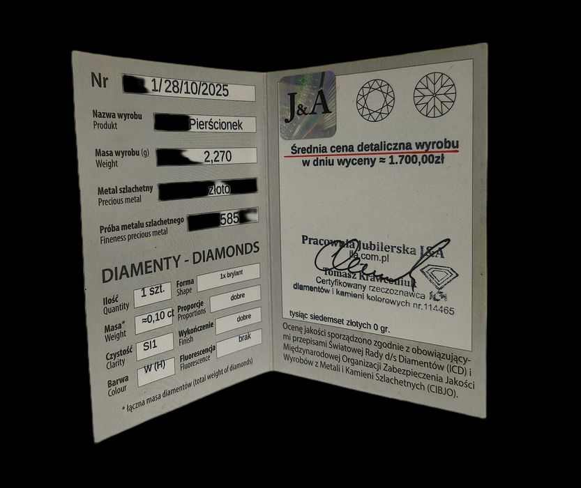 Złoty pierścionek 585 brylant  0,10 CT certyfikat , serce waga  2,27 g