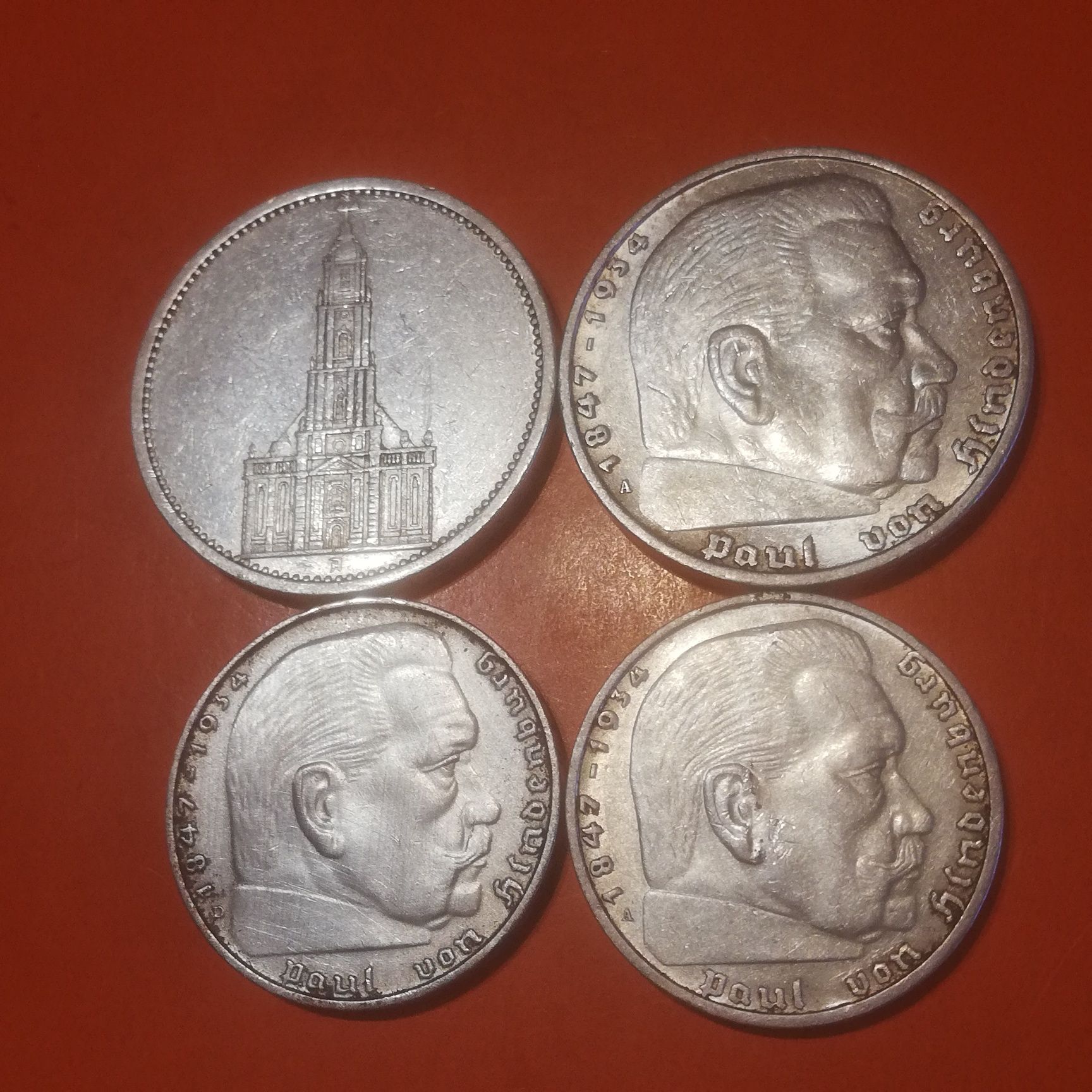 Zestaw 2 i 5 marek Kościół, Hindenburg/III Rzesza 4 szt/Srebro/Ładne