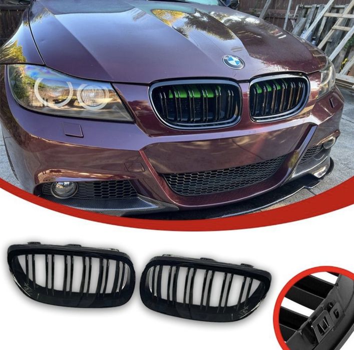 BMW E90 E91 Nerki Atrapy Przedniego Grilla Polift Czarny Połysk